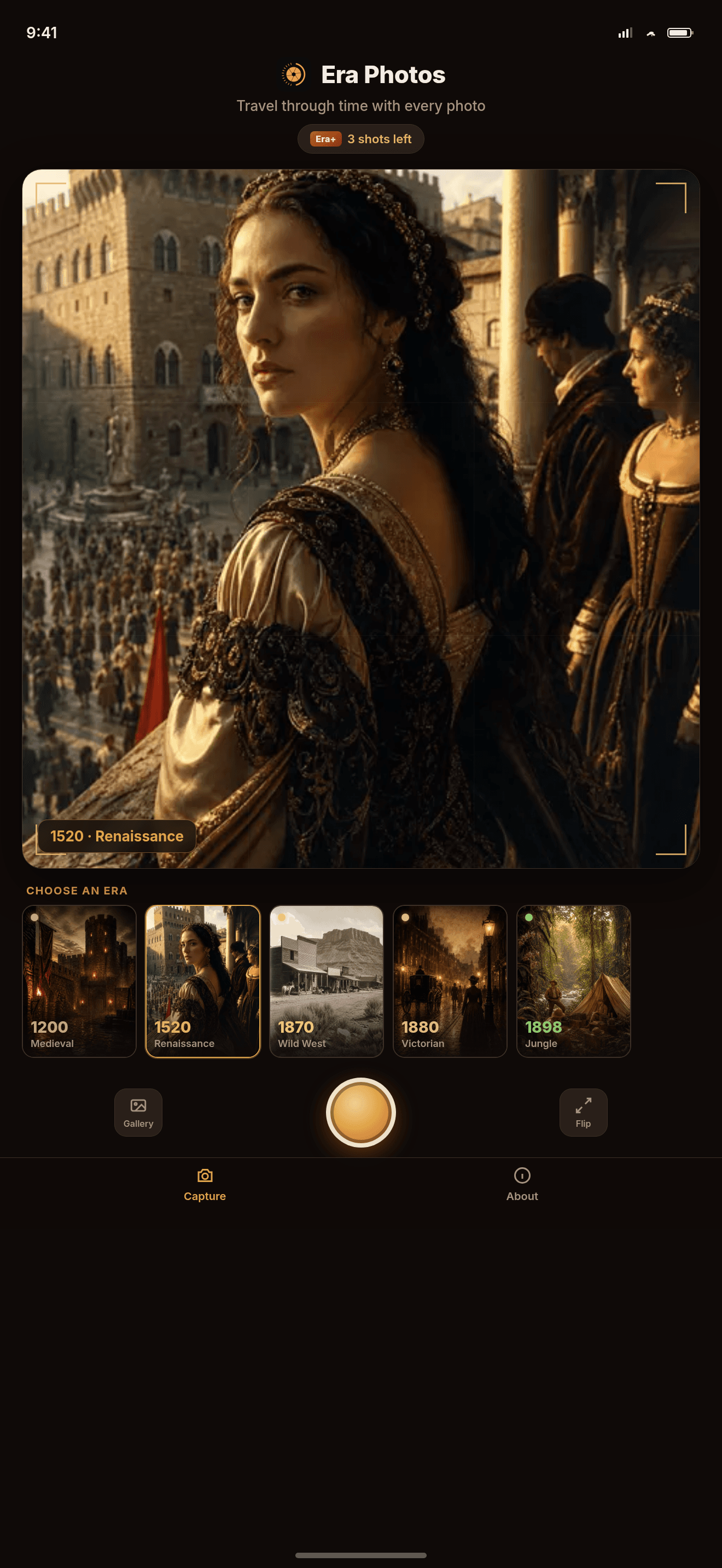 Era Photos capture screen: Renaissance preview, era cards, and shutter.