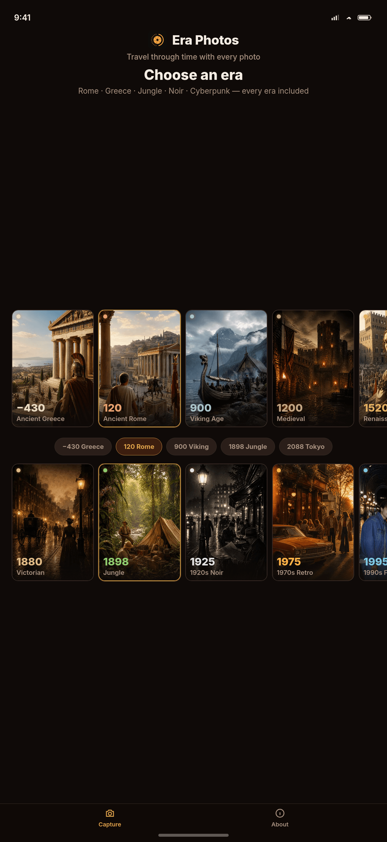 Choose an era: Rome, Greece, Jungle, Viking, and more.
